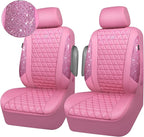 CAR PASS Bling Diamond Pink Leather Car Seat Covers for 2 Front Seats Protector, Waterproof Shining Glitter Sparkly Crystal U
