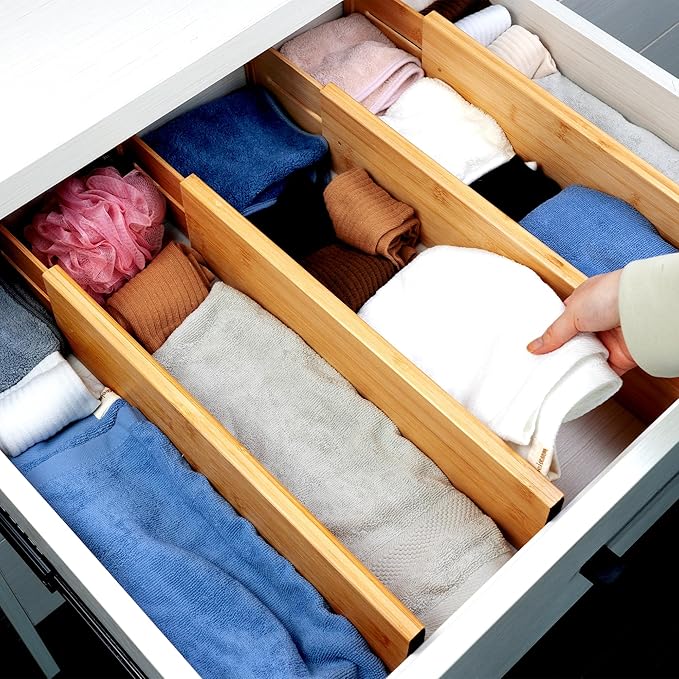 Utoplike Bamboo Drawer Dividers Large, 4'' High Adjustable Kitchen Drawer Organizers for Clothing, Spring Loaded, Works in Ba