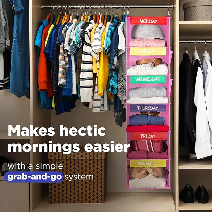 Handy Laundry Hanging Clothes Organizer for Kids - 6-Shelf Closet Daily Clothing Organization Labeled Shelves with Days of Th