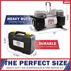 Tire Inflator Portable Air Compressor with Tire Repair Kit – Car Emergency Kit & 12V DC Dual Cylinder Air Pump for Cars, 150 PSI Tyre Pump with Tyre Pressure Gauge, and Car Accessories Air Pump