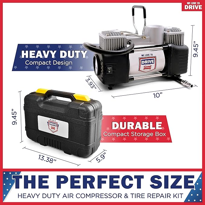 Tire Inflator Portable Air Compressor with Tire Repair Kit – Car Emergency Kit & 12V DC Dual Cylinder Air Pump for Cars, 150 PSI Tyre Pump with Tyre Pressure Gauge, and Car Accessories Air Pump