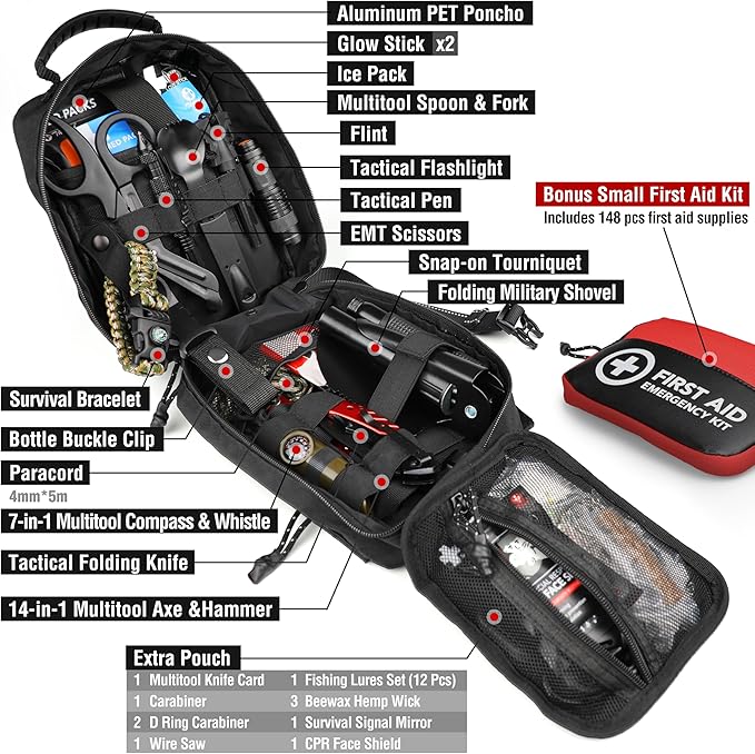 Survival First Aid Kit, 190 Pcs Survival Gear and Medical Supplies, Military IFAK EMT Molle Tactical Pouch for Outdoor, Campi