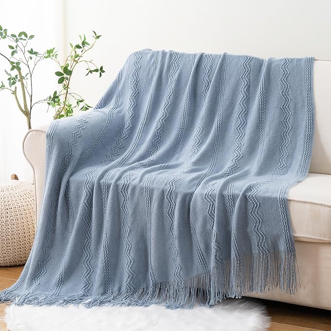 BATTILO HOME Bluish Grey Throw Blanket for Couch, Soft Knit Throws with Tassels for Home Decor, Blue Blankets and Throws for 