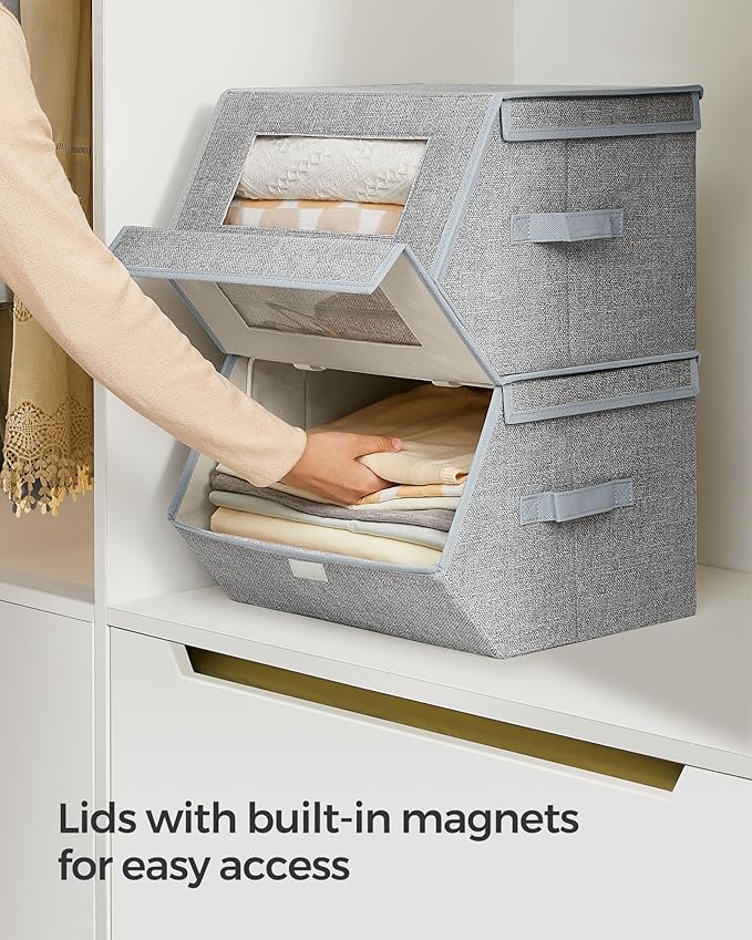 SONGMICS Stackable Storage Bins Set of 2, Storage Boxes with Lids and Front Windows, Non-Woven Fabric Closet Organizers with 