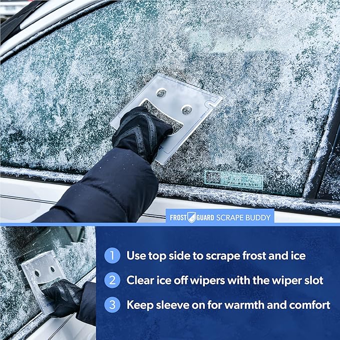 FrostGuard Scrape Buddy Car Ice Scraper Scrape with a Smile - Quickly Remove Frost, Ice and Snow from Your Vehicle Windows and Wiper Blades - Acrylic with Comfort Neoprene Sleeve - Clear Frost