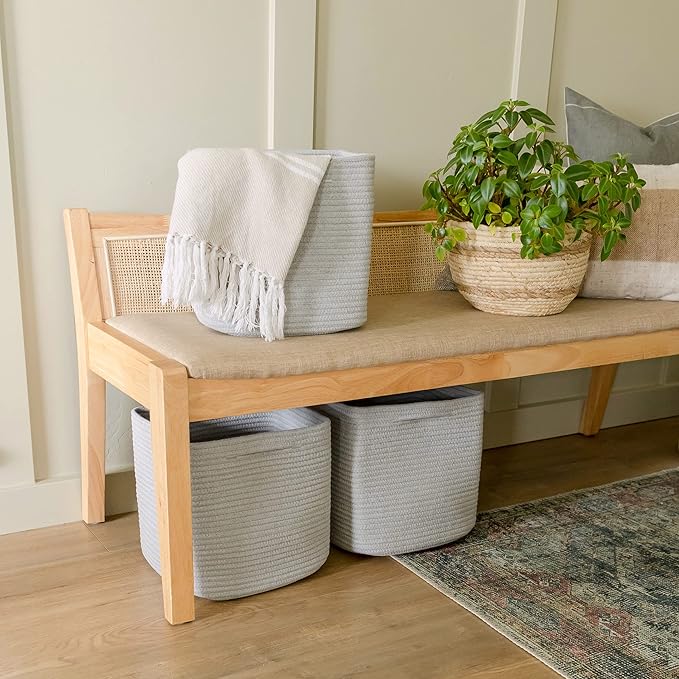 NaturalCozy Storage Cubes 11 Inch Cotton Rope Woven Baskets for Organizing, 3-Pack | Cube Storage Bin | Square Storage Basket