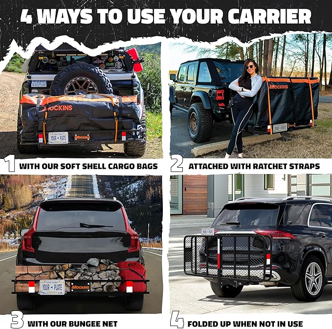 Mockins 60"x20"x6" Folding Luggage Rack for Car Hitch & 20 Cu Ft Waterproof Cargo Bag | 500 lbs Cap Steel Trailer Hitch Cargo Carrier for 2" Receivers w/License Plate Holder, Stabilizer, Net & Straps