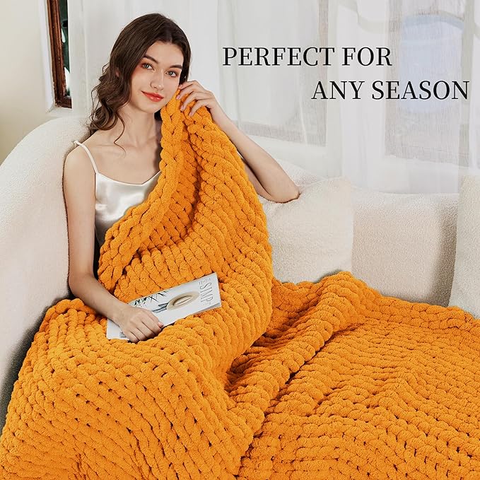 Admitrack Chunky Knit Blanket Throw, 100% Hand Knit Chenille Throw Blanket for Sofa & Home Decor, Soft and Cozy Knitted Throw