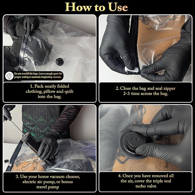 Vacuum Storage Bags 12 Pack Without Hand Pump – Space Saver Compression Bags, Airtight Double-Zip & Triple Valve, Reusable, L