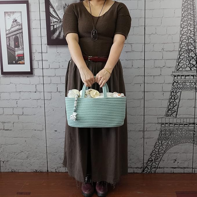 Diaper Caddy Organizer for Baby Cotton Rope Nursery Storage Bin Basket Portable Holder Tote Bag for Changing Table Car Travel