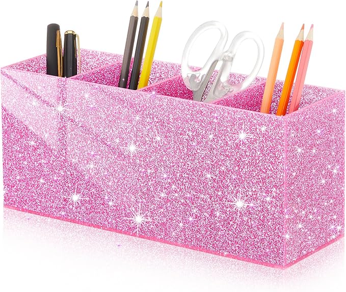 Jetec Acrylic Glitter Pen Holder 4 Compartments Bling Makeup Brush Stationery Organizer Pencil Holder for Desk Accessories Sp