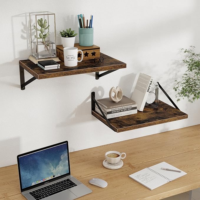 Floating Shelves, 12 Inch Deep Rustic Wood Wall Storage, 16W x 12D Wall Shelves Set of 2, Heavy Duty Metal Brackets, Large In