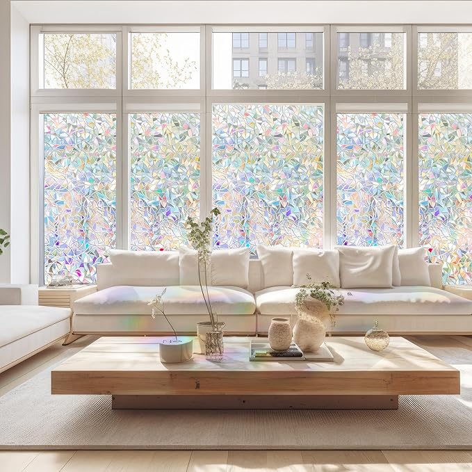 Hilarious Rainbow Window Privacy Film Glass Door Privacy Film Static Cling Tint Frosted 3D Decorative Window Film Sticker Privacy Decals Non-Adhesive Removable Stained Glass Film(27.55'' x 78.7'')