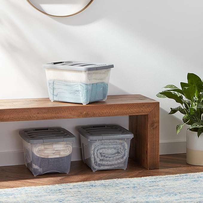 Amazon Basics Plastic Storage Containers with Secure Latching Lids, Stackable Organization Bins, Clear/Grey, 19 Quart, Set of