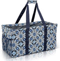 Extra Large Utility Tote Bag - Oversized Collapsible Reusable Wire Frame Rectangular Canvas Basket With Two Exterior Pockets For Beach, Pool, Laundry, Car Trunk, Storage - Blue Snowflake