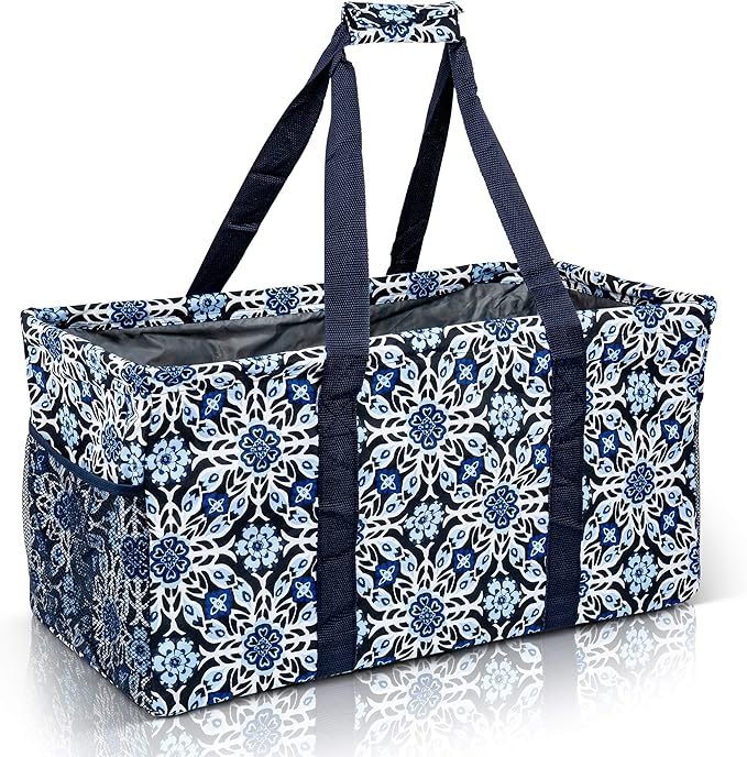 Extra Large Utility Tote Bag - Oversized Collapsible Reusable Wire Frame Rectangular Canvas Basket With Two Exterior Pockets For Beach, Pool, Laundry, Car Trunk, Storage - Blue Snowflake
