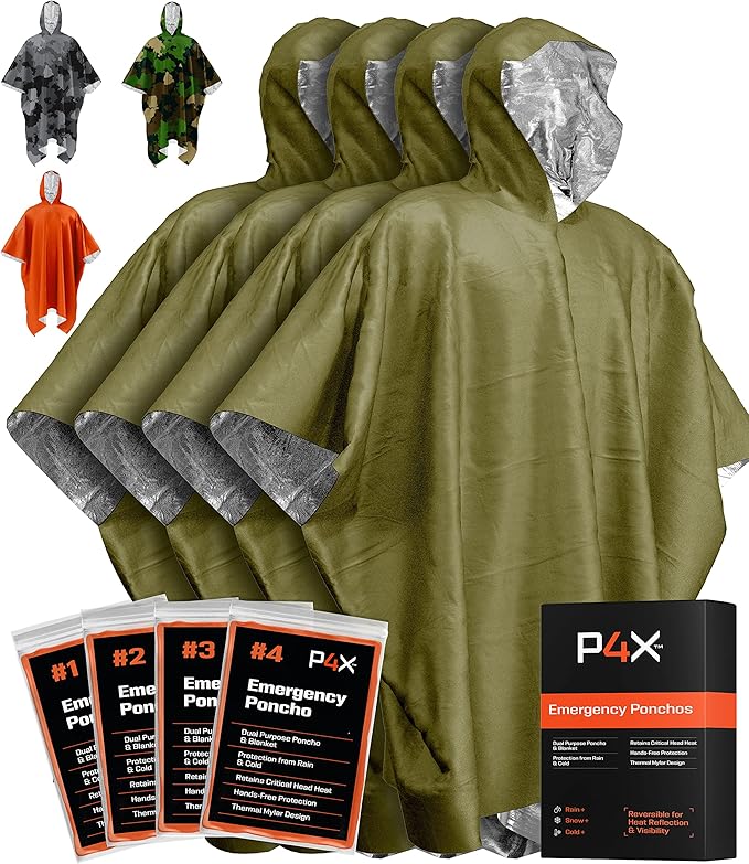 PREPARED4X Emergency Mylar Poncho – Survival Rain Poncho with Hood – Lightweight, Compact, Reusable Emergency Blanket Poncho 