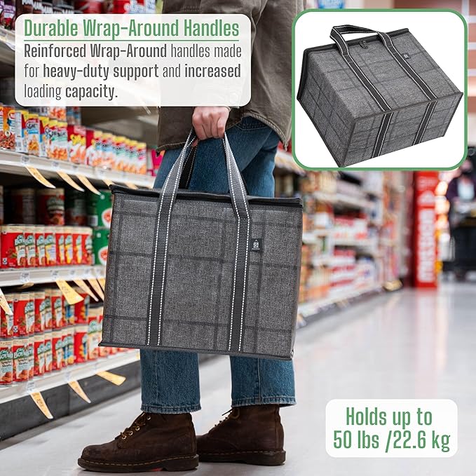 VENO 2 Pack Cooler Bag and Insulated Grocery Bags for Food Delivery, Collapsible Cooler. Reusable Shopping Bags for Groceries with Hard Bottom, Zippered, Foldable, Heavy-Duty (Windowpane, 2 Pack)