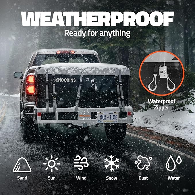 Mockins 49"x22"x7" Aluminum Hitch Cargo Carrier & 20 Cu Ft Waterproof Cargo Bag | 500 lbs. Capacity Hitch Basket | Lightweight Aluminum Cargo Carrier Kit for 2" Receivers w/Locks, Stabilizer & Straps