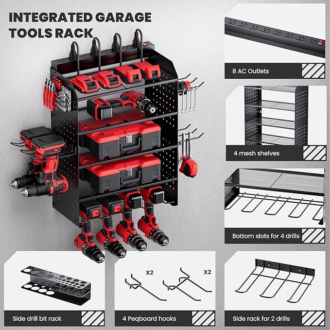 TRZZ Power Tool Organizer Wall Mount, 5-Layer Charging Station with 8 Outlets, 6 Drill Holders, 2 Side Pegboards, and Drill B