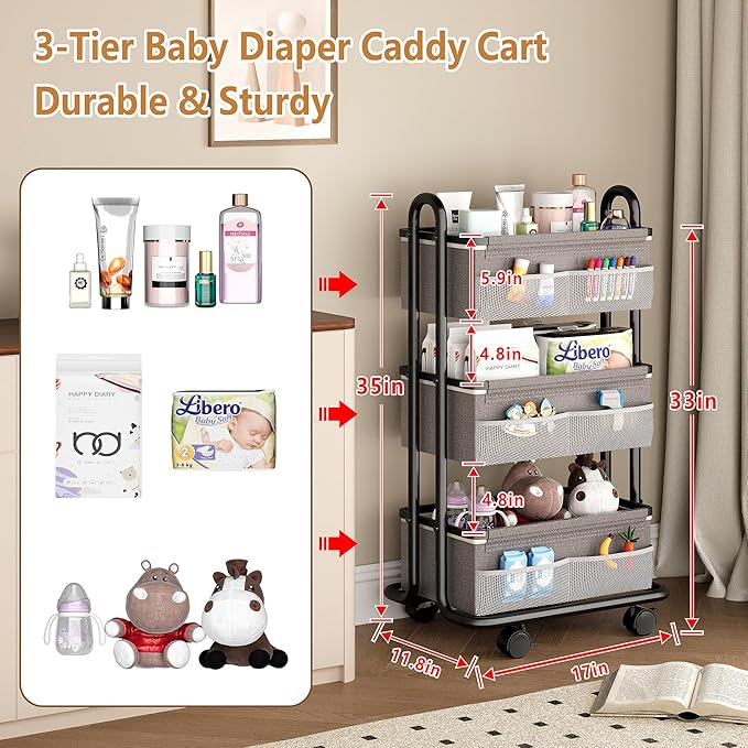 3-Tier Baby Diaper Caddy Organizer Cart, Mobile Nursery Storage Carts with Wheels, 3 Dividers & 6 Mesh Pockets Durable Metal 