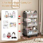 3-Tier Baby Diaper Caddy Organizer Cart, Mobile Nursery Storage Carts with Wheels, 3 Dividers & 6 Mesh Pockets Durable Metal 