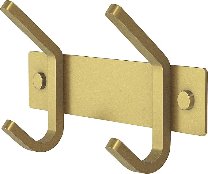 Brushed Gold Small Coat Rack Wall Mount – 6 Inch Stainless Steel Rail with 2 Double Coat Hooks for Entryway, Bathroom, Bedroo