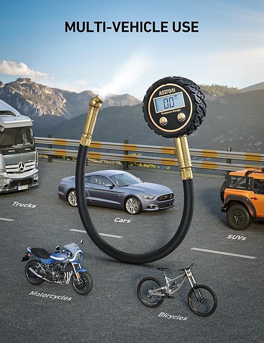 AstroAI Tire Pressure Gauge for Cars with Backlit LED, Solid Brass with Rubber Hose, Air Bleeder Valve, ANSI B40.7 Grade 2A(±0.5%), 3-250PSI