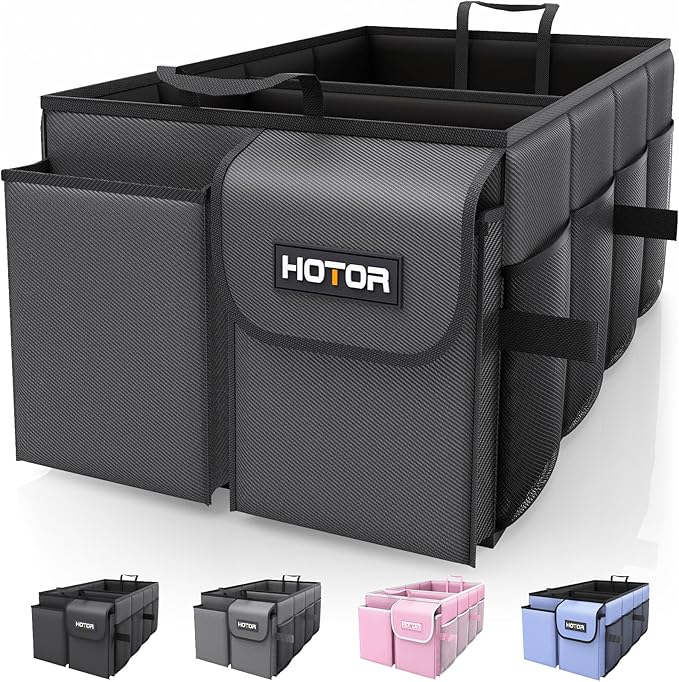 HOTOR Foldable Trunk Organizer - SUVs & Sedans, Sturdy Car Organization With 2 Compartments, Black, 23.6x14.2x10.6