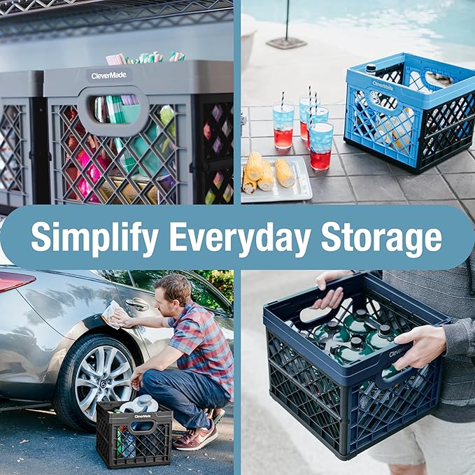 CleverMade Collapsible Milk Crate 25L (6.6 Gal) 3 Pack, 50 lb Capacity Heavy Duty Folding Crate – Stackable Storage Crates wi