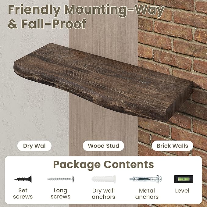 Fun Memories Floating Shelves for Wall Decor Set of 2-30 Inch Solid Elm Wood Live Edge - Rustic Walnut Wall Shelves with Invi