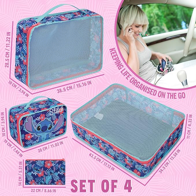 Disney Packing Organisers, Packing Cubes for Suitcases Luggage, Wash Bag (Navy Stitch)