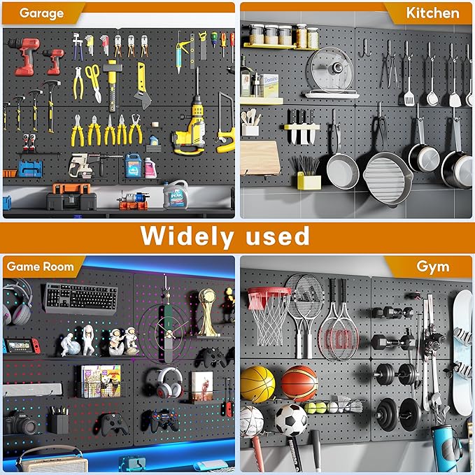Peg Board, 84pcs Metal Pegboard Kit, Includes 4 Pack 24''X12'' Large Black Peg Board with Accessories and Hook Locks, Heavy D