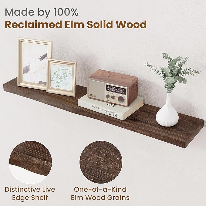Floating Shelves for Wall Decor, Rustic Solid Elm Wood Live Edge Floating Shelves Wall Mounted, Wall Shelves with Invisible B