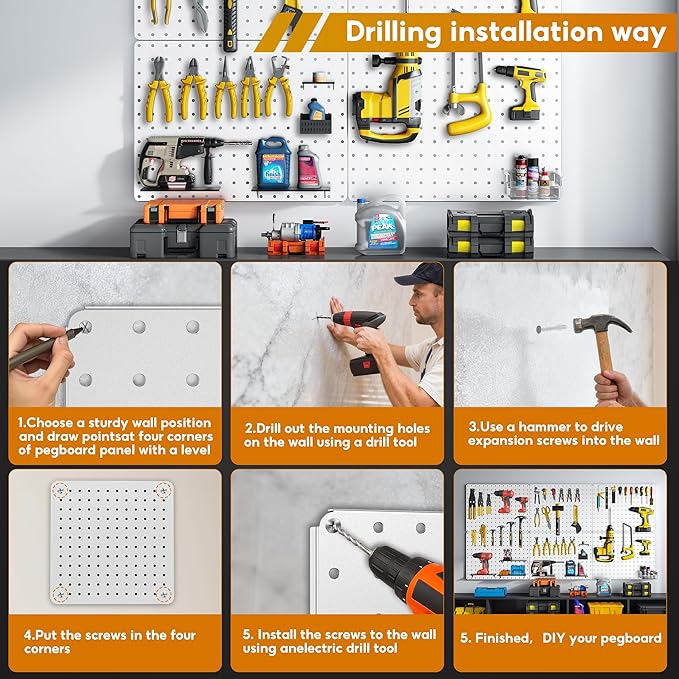 Peg Board, 70PCS Heavy Duty Metal Pegboard with Hooks, 6 Pack White Peg Board Panels, 50lbs Load Capacity Each, Pegboard Wall