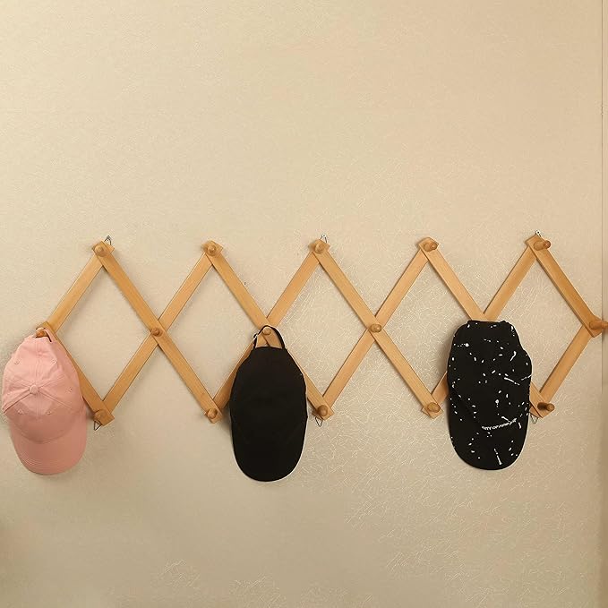 WEBI Accordion Wall Hanger,Expandable Wooden Coat Rack Wall Mounted,Accordion Hat Rack for Wall Rack for Hats,Caps,16 Peg Hoo