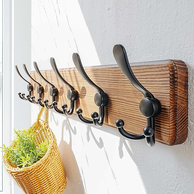 Dseap Coat Rack Wall Mounted - 24" Long 6 Tri Hooks, Heavy Duty Wooden Wall Coat Hanger Coat Hook for Clothes Hat Jacket Clot
