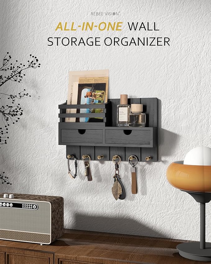 Rebee Vision Decorative Key Holder Wall Mount with 2 Drawer Organizer - Modern Mail Organizer with 6 Key Hooks & Shelf - Home