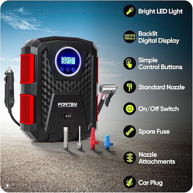 FORTEM Tire Inflator Portable Air Compressor, Air Pump for Car Tires and Bikes, Car Tire Pump w/Auto Shut Off, 150 PSI, 12V DC, LED Light, Carrying Case, for Men, Women