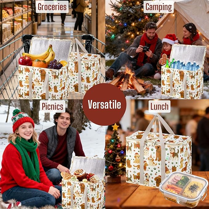 VENO 2 Pack Insulated Cooler Bag for Food Delivery, Reusable Grocery Shopping Bag, Heavy Duty, Large Size, Durable Handles, Double Zippers, Lid, Collapsible (Holiday Pups, 2 Pack)