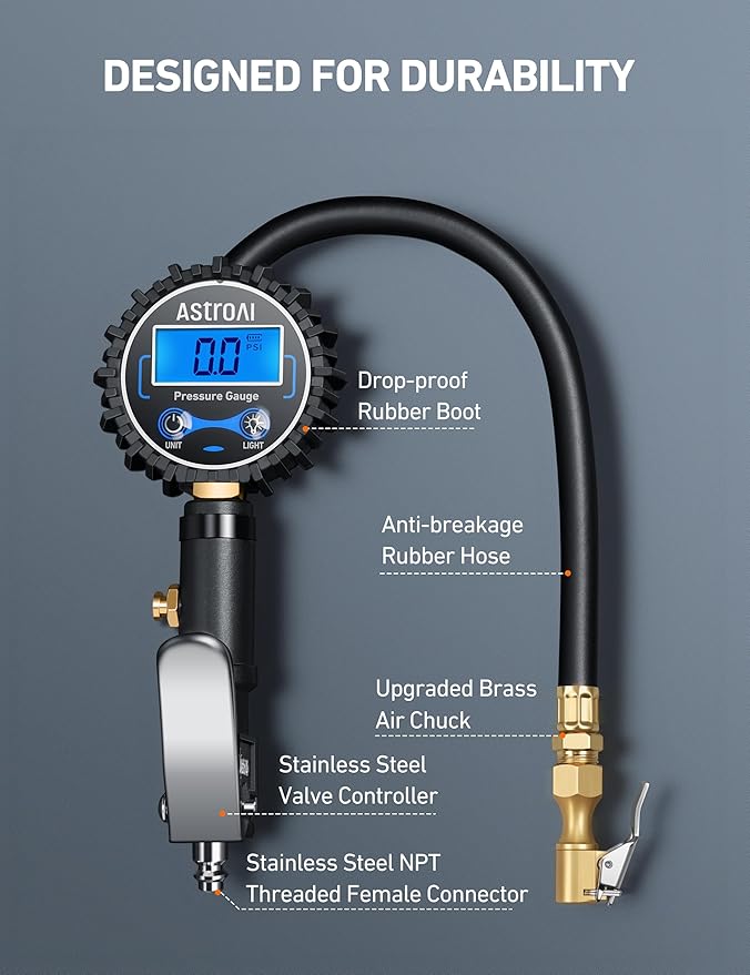 AstroAI Digital Tire Pressure Gauge with Inflator(3-250 PSI 0.1 for Display Resolution), Heavy Duty Air Chuck and Compressor Accessories with Rubber Hose and Quick Connect Coupler, Blue