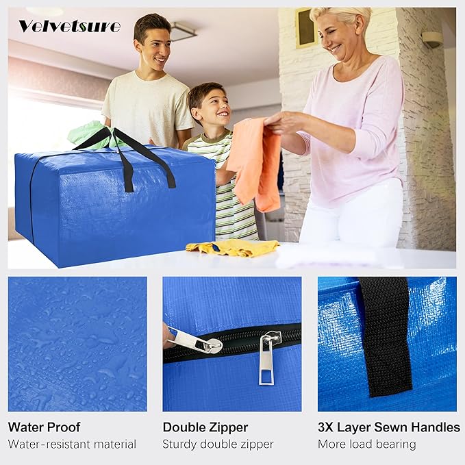 6 Pack Heavy Duty Extra Large Moving Bags W/Backpack Straps - Strong Handles & Zippers, Storage Totes For Space Saving, Fold 