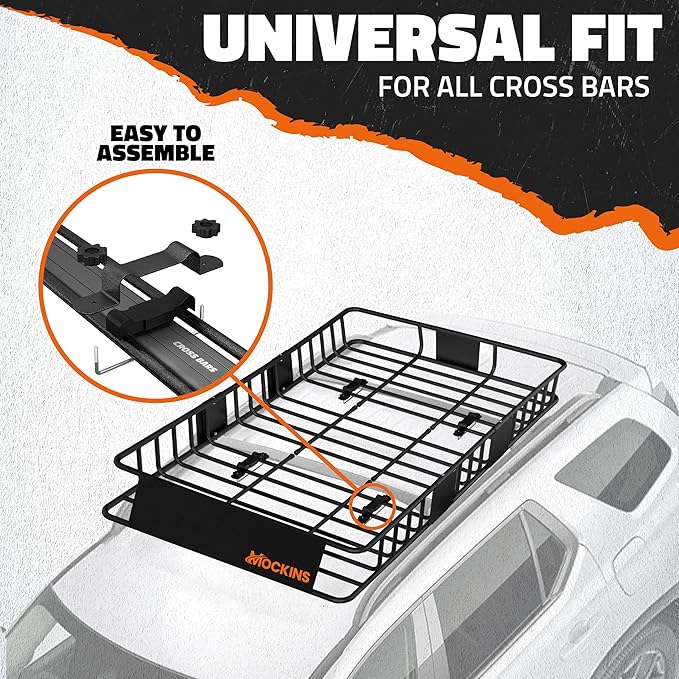 Mockins 64"x39"x6" Extendable Roof Rack Cargo Carrier | 250 Lbs. Capacity Weatherproof Steel Roof Basket | Rooftop Cargo Carrier Set w/Ratchet Straps & Bungee Net for SUV, Van, & Car Roof Storage