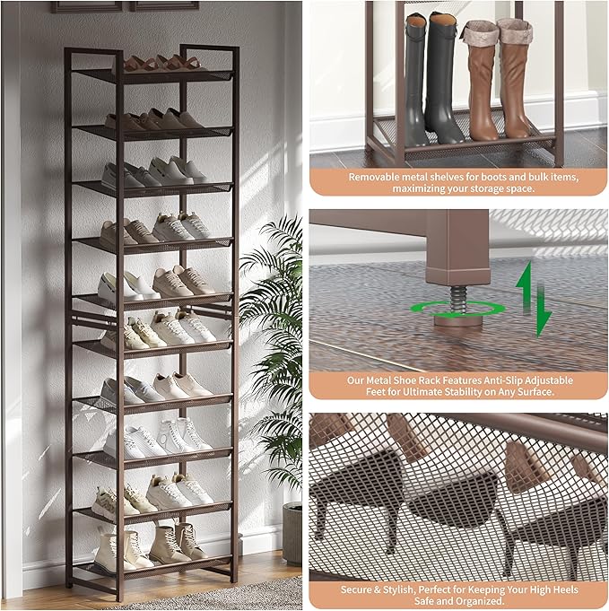 10 Tier Shoe Rack, Tall Metal Shoe Storage with Adjustable Shelves, Holds 20-25 Pairs, Stackable Shoe Stand for Garage Hallwa