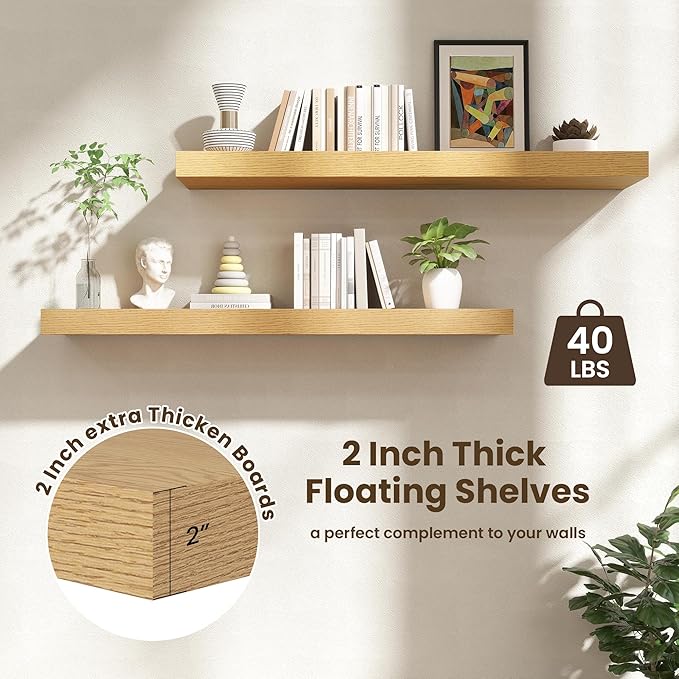 48 Inch Floating Shelves | 12 Inch Deep Oak Floating Shelves Set of 2 | 48" W x 12" D Oak Wall Shelves for Bathroom Living Ro