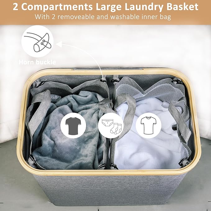 iEGrow 150L Laundry Hamper with Lid-Large Laundry Basket with Bamboo Handles, Grey Hampers for Laundry, Dirty Clothes Hamper 