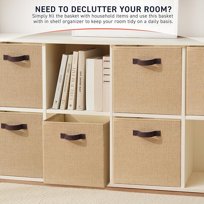 Ornavo Home 10.5 x 10.5 Storage Cube Bins, 6 Pack Jute Baskets, Fabric Storage Bins Shelf Basket Cube Organizer for Closet Fo
