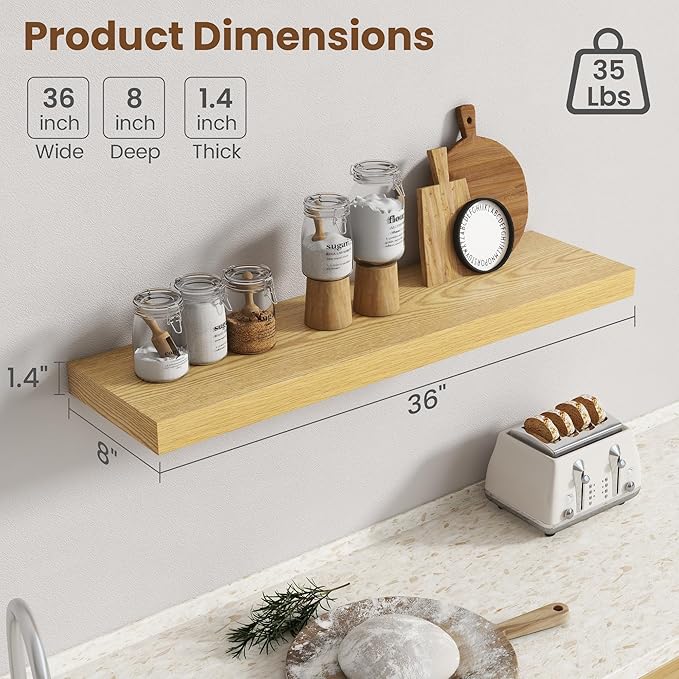 36 Inch Floating Shelves for Wall, 8 Inch Deep Floating Shelf for Storage & Display, Rustic Wall Mounted Shelf with Invisible