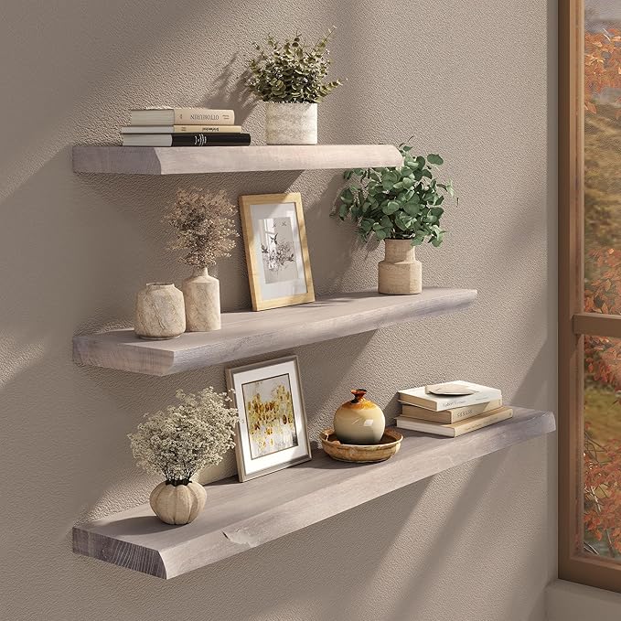 Long Live Edge Floating Shelf, 55 Inch Solid Elm Wood - Weathered Gray Rustic Wood Wall Shelf with Invisible Brackets for Liv