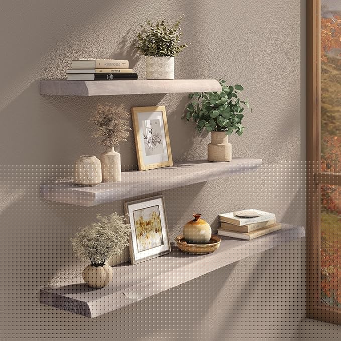 Live Edge Floating Shelves Set of 2, 24 Inch Solid Elm Wood Wall Shelves - Invisible Bracket Mount for Living Room, Bedroom, 